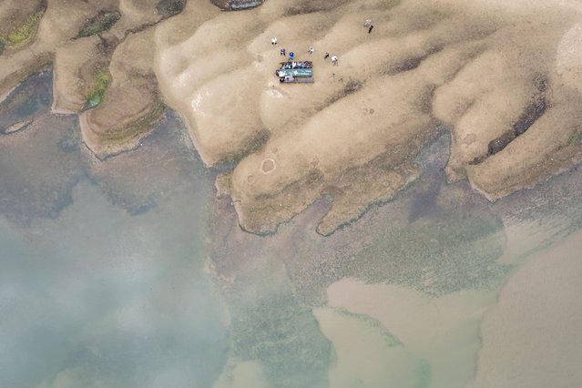 A drone view shows the opposition members of the Committee of Sustainable Development of the Hungarian Parliament and representatives of NGOs holding a session at a partially dried-out riverbed of the Tisza river near Nagykoru, Hungary on September 11, 2024. (Photo by Marton Monus/Reuters)