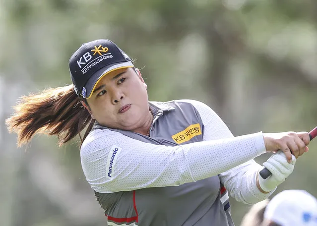 Inbee Park, of Korea, drives from the 2nd tee during during the final round of the Tournament of Champions LPGA golf tournament Sunday, January 19, 2020, in Lake Buena Vista, Fla. (Photo by Gary McCullough/AP Photo)