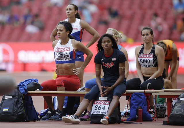 From left, Britain's Katarina Johnson-Thompson, Britain's Jessica Ennis-Hill, United States' Erica Bougard and New Zealand's Portia Bing wait to compete in the women's javelin throw heptathlon at the World Athletics Championships at the Bird's Nest stadium in Beijing, Sunday, August 23, 2015. (Photo by Kin Cheung/AP Photo)