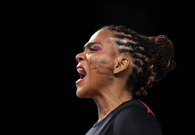 Clementina Ciana Agricole of Team Seychelles reacts as she has written on her face that reads “Abuse, xenophobia, discrimination” during Women's 59kg Final on day three of the Birmingham 2022 Commonwealth Games at NEC Arena on July 31, 2022 on the Birmingham, England. (Photo by Eddie Keogh/Getty Images)