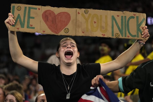 Supporters of Nick Kyrgios of Australia react during his first round match against Jacob Fearnley of Britain at the Australian Open tennis championship in Melbourne, Australia, Monday, January 13, 2025. (Photo by Ng Han Guan/AP Photo)
