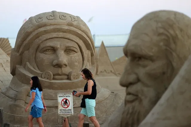 A sand sculpture is on display at the 17th International Sand Sculpture Festival with the theme of “Space Adventure” in Antalya, Turkiye on September 07, 2022. Visitors embark on an epic journey among the sand sculptures made by 25 sculptors using 10 thousand tons of river sand. The festival features sand sculptures portraying “Yuri Gagarin”, “Apollo 11 and Neil Armstrong”, “Hubble Space Telescope” and “colonization on Mars”. (Photo by Mustafa Ciftci/Anadolu Agency via Getty Images)
