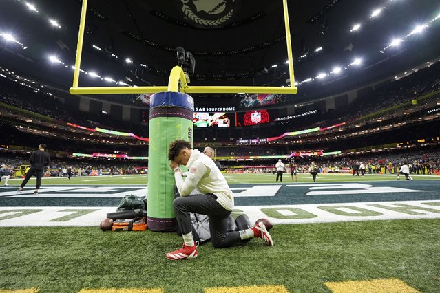 Kansas City Chiefs quarterback Patrick Mahomes kneels on the field before the NFL Super Bowl 59 football game against the Philadelphia Eagles, Sunday, February 9, 2025, in New Orleans. (Photo by Abbie Parr/AP Photo)