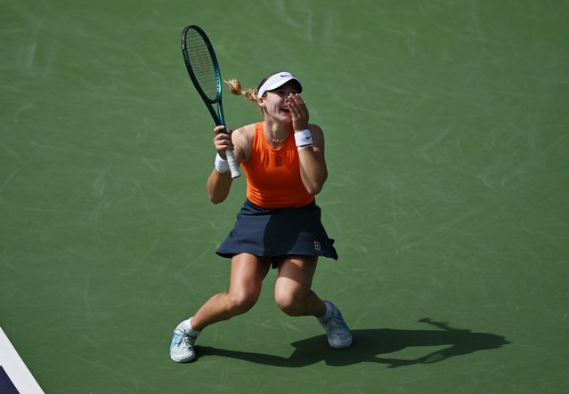Russia's Mirra Andreeva celebrates defeating Belarus' Aryna Sabalenka during the women's singles final tennis match at the BNP Paribas Open at the Indian Wells Tennis Garden in Indian Wells, California, on March 16, 2025. (Photo by Patrick T. Fallon/AFP Photo)