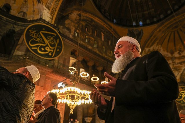 Muslims gather at Hagia Sophia mosque to perform prayers during Laylat al-Qadr, the 27th night of the holy month of Ramadan, in Istanbul, Turkiye on March 26, 2025. (Photo by Ugur Bulut/Anadolu via Getty Images)