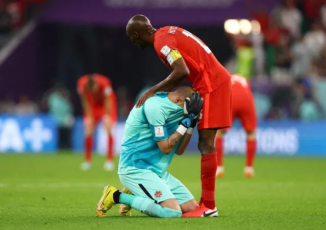 Milan Borjan (L) and Atiba Hutchinson of Canada react after the FIFA World Cup Qatar 2022 Group F match between Canada and Morocco at Al Thumama Stadium on December 01, 2022 in Doha, Qatar. (Photo by Hannah Mckay/Reuters)