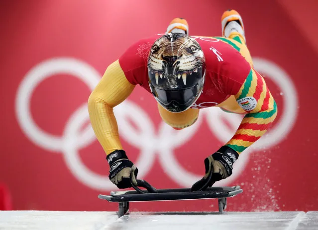 Akwasi Frimpong of Ghana starts his practice run during the men' s skeleton training at the 2018 Winter Olympics in Pyeongchang, South Korea, Wednesday, February 14, 2018. (Photo by Arnd Wiegmann/Reuters)