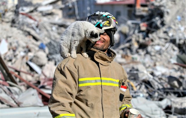 33-year-old Ali Cakas takes care of “Enkaz” (“Rubble”), the cat rescued from rubble by the members of Mardin Fire Department and becomes the source of joy as the search and rescue efforts continue after 7.7 and 7.6 magnitude earthquakes hit multiple provinces of Turkiye including Gaziantep, Turkiye on February 14, 2023. On Feb. 06, a strong 7.7 earthquake, centered in the Pazarcik district, jolted Kahramanmaras and strongly shook several provinces, including Gaziantep, Sanliurfa, Diyarbakir, Adana, Adiyaman, Malatya, Osmaniye, Hatay, and Kilis. Later, at 13.24 (1024GMT), a 7.6 magnitude quake centered in Kahramanmaras' Elbistan district struck the region. (Photo by Halil Fidan/Anadolu Agency via Getty Images)