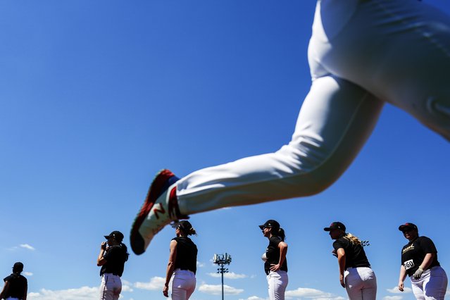 Players wait in line on the field during the first day of tryouts for the Women's Professional Baseball League, Friday, August 22, 2025, at the Washington Nationals Youth Baseball Academy in Washington. (Photo by Julia Demaree Nikhinson/AP Photo)