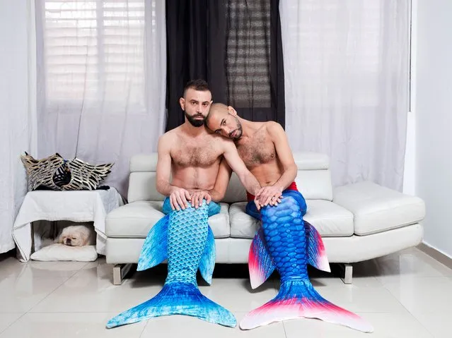 In this Thursday, February 21, 2019 photo, Adi Kazav, left, and Lied Adi Hagbi, members of the Israeli Mermaid Community, pose for a portrait as they wear mermaid tails at their home in Netanya, Israel. (Photo by Oded Balilty/AP Photo)