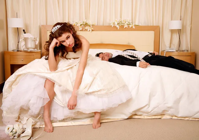 AWYRW5 Bride disappointed with groom passed out on hotel bed