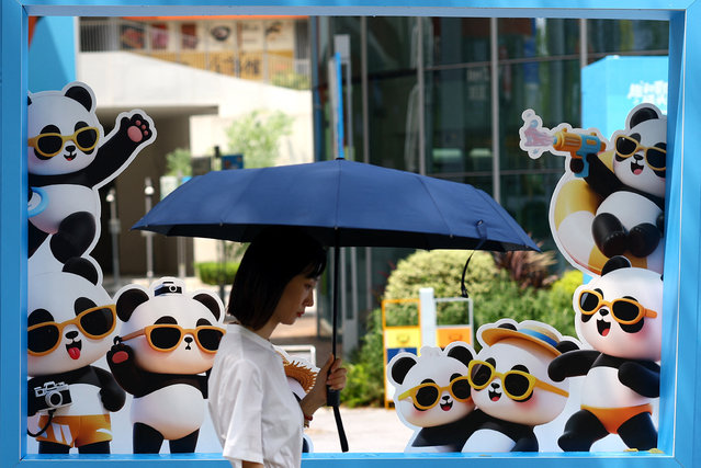 A woman walks past a cardboard representing pandas ahead of the World Games Chengdu 2025 in Chengdu, China on August 7, 2025. (Photo by Lisi Niesner/Reuters)