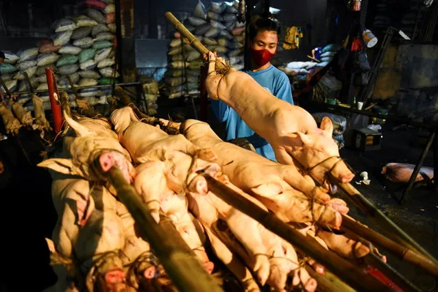 A worker wearing a face mask as protection against the coronavirus disease (COVID-19) carries a pig on bamboo pole at a roasting pit, in Manila, Philippines, December 21, 2020. (Photo by Lisa Marie David/Reuters)