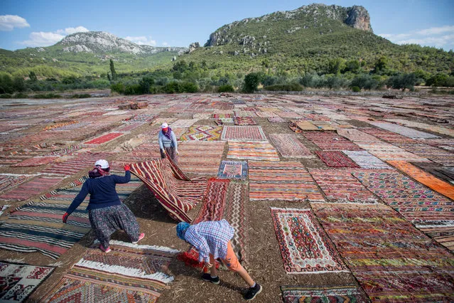 Workers lay carpets out to dry on August 10, 2018 in Dosemealti, Turkey. Turkey is famous for its artisan carpets but before they are sent to stores, masses of handmade carpets, flat woven kilims and embroidered rugs from all over Turkey are sent to the Dosemealti district in Antalya. The carpets are laid out in the sun and are turned regularly to soften the colors and give them an antique look. Turkey's carpet industry employs more than 40,000 people and exports have risen in the past five years to more than 10bn USD. (Photo by Chris McGrath/Getty Images)