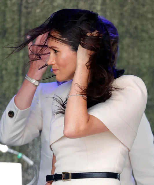Meghan, Duchess of Sussex's hair is blown in the wind as she attends a ceremony to open the new Mersey Gateway Bridge on June 14, 2018 in Widnes, England. Meghan Markle married Prince Harry last month to become The Duchess of Sussex and this is her first engagement with the Queen. During the visit the pair will open a road bridge in Widnes and visit The Storyhouse and Town Hall in Chester. (Photo by Max Mumby/Indigo/Getty Images)