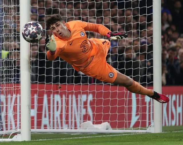 Chelsea's Spanish goalkeeper Kepa Arrizabalaga dives to save a free-kick during the UEFA Champions League round of 16 second-leg football match between Chelsea and Borrusia Dortmund at Stamford Bridge in London on March 7, 2023. Real Madrid has signed Chelsea keeper Kepa Arrizabalaga on season loan, AFP reports on August 14, 2023. (Photo by Adrian Dennis/AFP Photo)