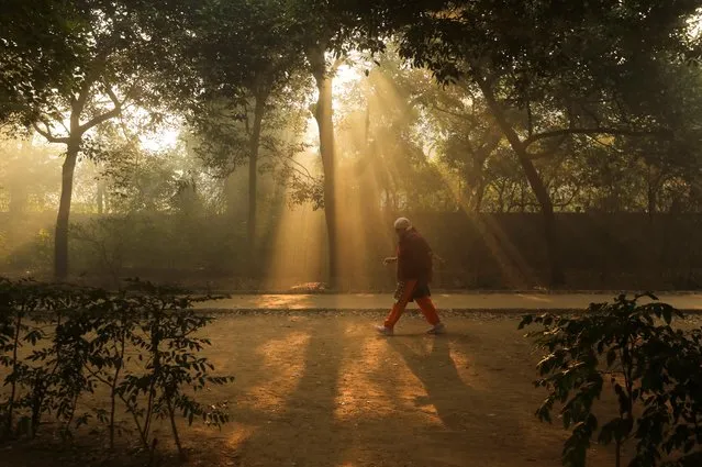 A woman walks in a garden on a smoggy morning in New Delhi, India, December 23, 2020. (Photo by Anushree Fadnavis/Reuters)