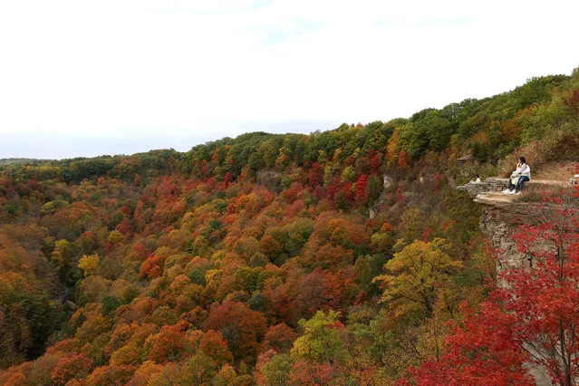 People sit at cliff as they watch the scenery from Spencer Gorge Conservation Area's Dundas Peak in Hamilton, Canada on October 17, 2023. (Photo by Mert Alper Dervis/Anadolu via Getty Images)