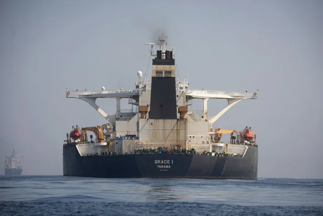 A stern view of the Grace 1 super tanker in the British territory of Gibraltar, Thursday, August 15, 2019, seized last month in a British Royal Navy operation off Gibraltar.  The United States moved on Thursday to halt the release of the Iranian supertanker Grace 1, detained in Gibraltar for breaching EU sanctions on oil shipments to Syria, thwarting efforts by authorities in London and the British overseas territory to defuse tensions with Tehran. (Photo by Marcos Moreno/AP Photo)