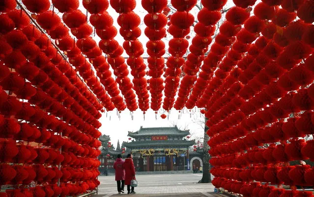 Visitors walk past red lantern decorations at Longtan park ahead of the upcoming Chinese lunar New Year in Beijing January 29, 2014. (Photo by Kim Kyung-Hoon/Reuters)
