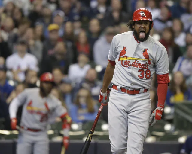 St. Louis Cardinals' Jose Martinez reacts after hitting a foul ball against the Milwaukee Brewers during the first inning of a baseball game Sunday, March 31, 2019, in Milwaukee. (Photo by Jeffrey Phelps/AP Photo)
