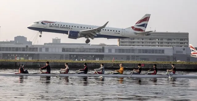 The rowing team of Mossbourne school in east London have beaten private schools in recent competitions. They hold their early-morning training sessions in the water at Royal Docks next to London City airport on March 2022. (Photo by Richard Pohle/The Times)