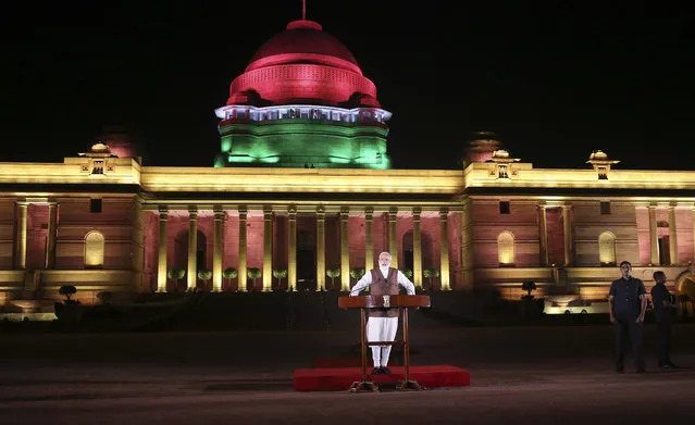 Indian Prime Minister Narendra Modi addresses the media after meeting with the President to stake claim to form the government in New Delhi, India, Saturday, May 25, 2019. Newly elected lawmakers from India's ruling alliance led by the Hindu nationalist Bharatiya Janata Party elected Narendra Modi as their leader on Saturday, paving the way for his second five-year term as prime minister after a thunderous victory in national elections. (Photo by Manish Swarup/AP Photo)