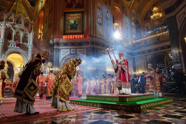 The Patriarch of Moscow and all Russia leads the Orthodox Easter holiday service in Christ the Saviour Cathedral in Moscow, Russia late 15 April 2023. (Photo by Moscow and all Russia Patriarch Press-Service/EPA)