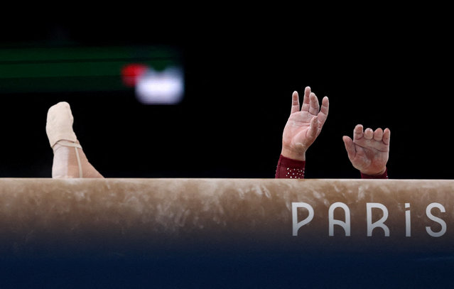 Alexa Moreno of Team Mexico falls while competing on the balance beam during the Artistic Gymnastics Women's Qualification on day two of the Olympic Games Paris 2024 at Bercy Arena on July 28, 2024 in Paris, France. (Photo by Amanda Perobelli/Reuters)