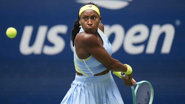 Coco Gauff, of the United States, returns a shot to Elina Svitolina, of Ukraine, during the third round of the U.S. Open tennis championships, Friday, August 30, 2024, in New York. (Photo by Seth Wenig/AP Photo)