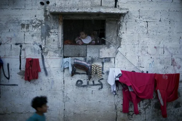 A Palestinian girl looks out through the window of her family's house in the northern Gaza Strip March 25, 2015. (Photo by Mohammed Salem/Reuters)