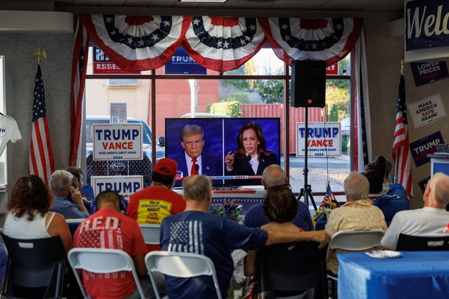 Members of the Escondido Republican Women watch the debate from their headquarters in Escondido, California on September 11, 2024. (Photo by Mike Blake/Reuters)