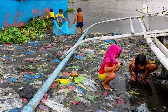 Children attempt to catch small fish as they play amongst plastic garbage at a slum area beside the heavily polluted Manila Bay on September 12, 2019. (Photo by George Calvelo/AFP Photo)
