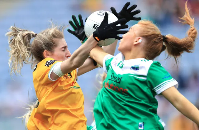 Antrim's Orlaith Prenter and Cliodhna McElroy of Fermanagh challenge for the ball in the TG4 All-Ireland Ladies Football Junior Championship Final, at Croke Park, Dublin on July 31, 2022. P(Photo by Tom Maher/INPHO)