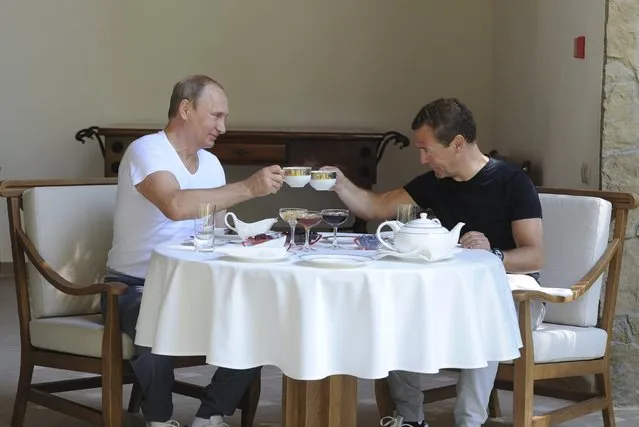 Russian President Vladimir Putin and Prime Minister Dmitry Medvedev toast with tea cups during breakfast at the Bocharov Ruchei state residence in Sochi, Russia, August 30, 2015. (Photo by Yekaterina Shtukina/Reuters/RIA Novosti)