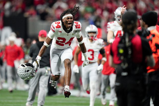 Ohio State cornerback Jermaine Mathews celebrates after the first half of the College Football Playoff national championship game against Notre Dame Monday, January 20, 2025, in Atlanta. (Photo by Jacob Kupferman/AP Photo)