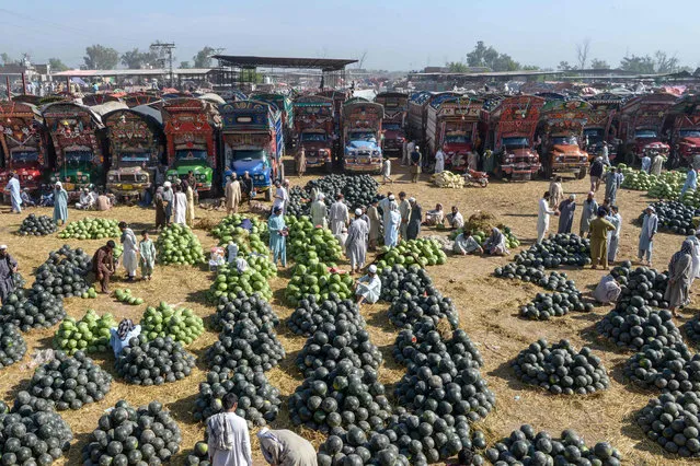 Vendors sell watermelons at a fruit market in Peshawar on May 6, 2020. (Photo by Abdul Majeed/AFP Photo)