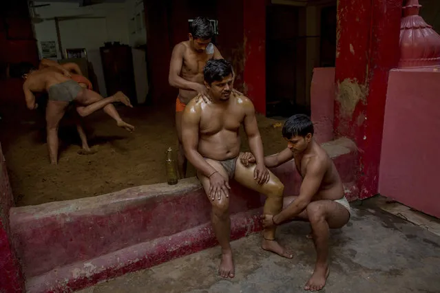 In this November 20, 2017 photo, Indian Kushti wrestlers apply oil as they give massage to a fellow wrestler, during their daily training at an akhada, a kind of wrestling hostel at Sabzi Mandi, in New Delhi, India. (Photo by Dar Yasin/AP Photo)