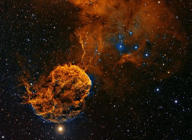 IC443. Lying in the constellation of Gemini, IC443 is a galactic supernova remnant, a star that could have exploded as many as 30,000 years ago. Its globular appearance has earned the celestial structure the moniker the Jellyfish Nebula. (Photo by Patrick Gilliland)