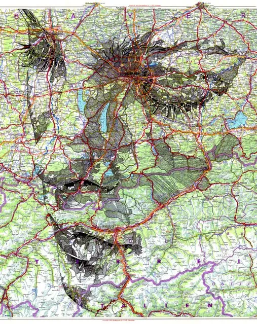 Ink on a 1977 road map of Germany. (Photo by Ed Fairburn/Rex Features)