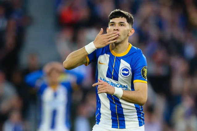 Julio Enciso of Brighton & Hove Albion celebrates scoring his side's equalising goal to make the score 1-1 during the Premier League match between Brighton & Hove Albion and Manchester City at American Express Community Stadium on May 24, 2023 in Brighton, England. (Photo by Craig Mercer/MB Media/Getty Images)