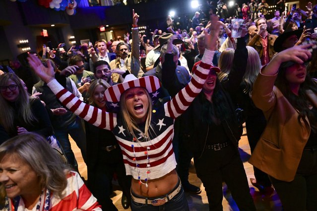Supporters cheer at an election night watch party for Republican Montana Senate candidate Tim Sheehy, Wednesday, November 6, 2024, in Bozeman, Mont. (Photo by Tommy Martino/AP Photo)