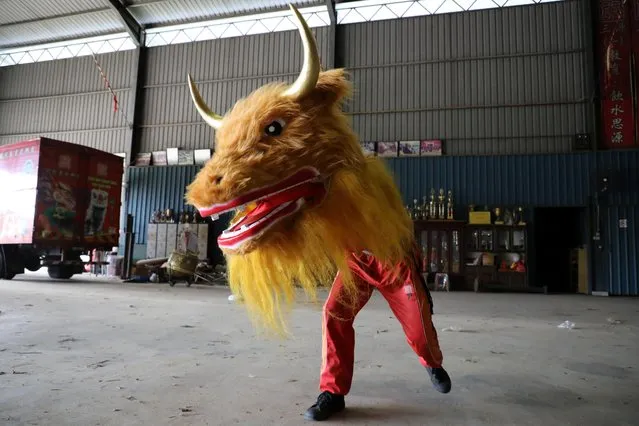 A member of Kun Seng Keng Lion and Dragon Dance Association, demonstrates a dance with an ox mask designed for Lunar New Year at a training centre, during an interview with Reuters, in Muar, Malaysia on February 5, 2021. (Photo by Lim Huey Teng/Reuters)