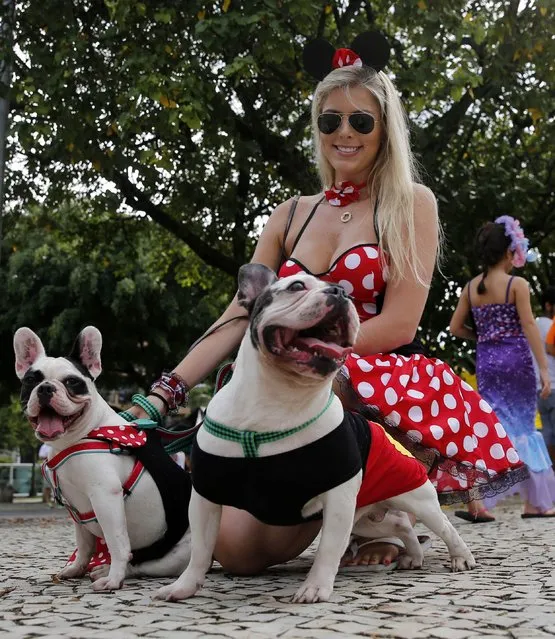 A carnival reveller and her dogs pose for pictures as they take part in the “Blocao” or dog carnival parade during carnival festivities in Rio de Janeiro February 14, 2015. (Photo by Sergio Moraes/Reuters)