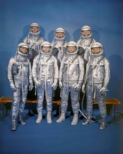 NASA's first astronaut class, the Mercury 7 pose for a group picture in Cape Canaveral, Florida, U.S. on April 9, 1959. Front row L-R: Walter M. Schirra, Jr., Donald K. “Deke” Slayton, John H. Glenn, Jr., and M. Scott Carpenter; Back row L-R, Alan B. Shepard, Jr., Virgil I. “Gus” Grissom, and L. Gordon Cooper, Jr. (Photo by Reuters/NASA)