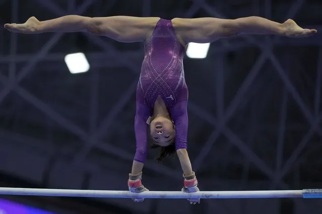 Japan's Mana Okamura competes in the Artistic Gymnastics Women's Uneven Bars Final of the 19th Asian Games in Hangzhou, China, Thursday, September 28, 2023. (Photo by Ng Han Guan/AP Photo)