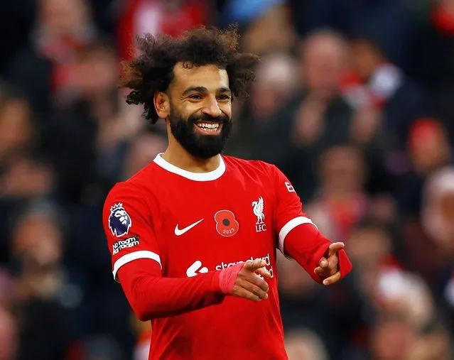 Liverpool's Mohamed Salah celebrates scoring their side's first goal of the game during the Premier League match at Anfield, Liverpool on Sunday, November 12, 2023. (Photo by Molly Darlington/Reuters)