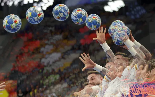 A image taken with a Multiple exposure, Bosnia-Herzogovina's Nedim Hadzic in action during the EHF Men's EURO 2024 Group E handball match between Bosnia-Herzegovina and Netherlands in Mannheim, Germany, 13 January  2024. (Photo by Ronald Wittek/EPA)
