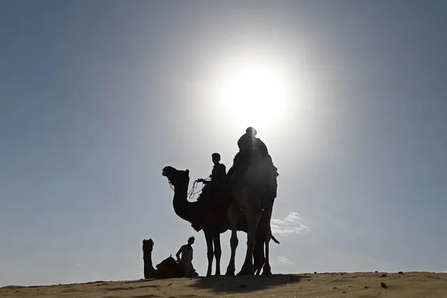 Camel owners wait for tourists in the sand dunes of Thar Desert at Sam village in India's Rajasthan state on October 7, 2021. (Photo by Sajjad Hussain/AFP Photo)