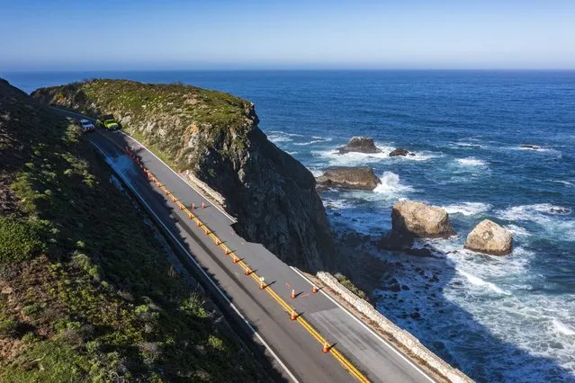 A break in the southbound lane of Highway 1 at Rocky Creek Bridge in Big Sur, Calif., Monday, April 1, 2024. (Photo by Nic Coury/AP Photo)